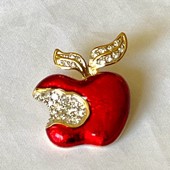 Bright Red Apple and Schoolhouse Pins Red Enamel Rhinestones Gold Silver Tones - Picture 2 of 8
